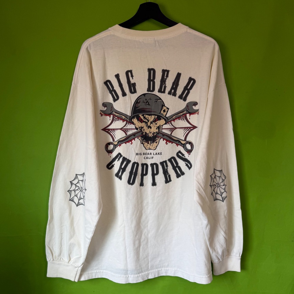 Big Bear Choppers Long Sleeve Graphic Tee White Biker Skull Wrench Mens 2XL